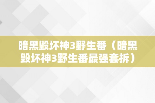 暗黑毁坏神3野生番（暗黑毁坏神3野生番最强套拆）