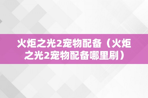 火炬之光2宠物配备（火炬之光2宠物配备哪里刷）